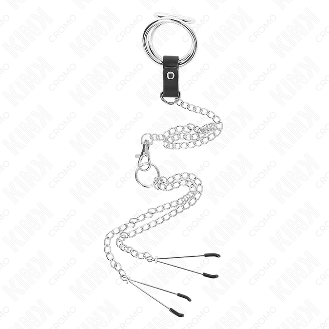 Kink – Triple Chrome Metal Penis Ring 3 Cm To 4.5 Cm With 26 Cm Metal Chain And Nipple Clips