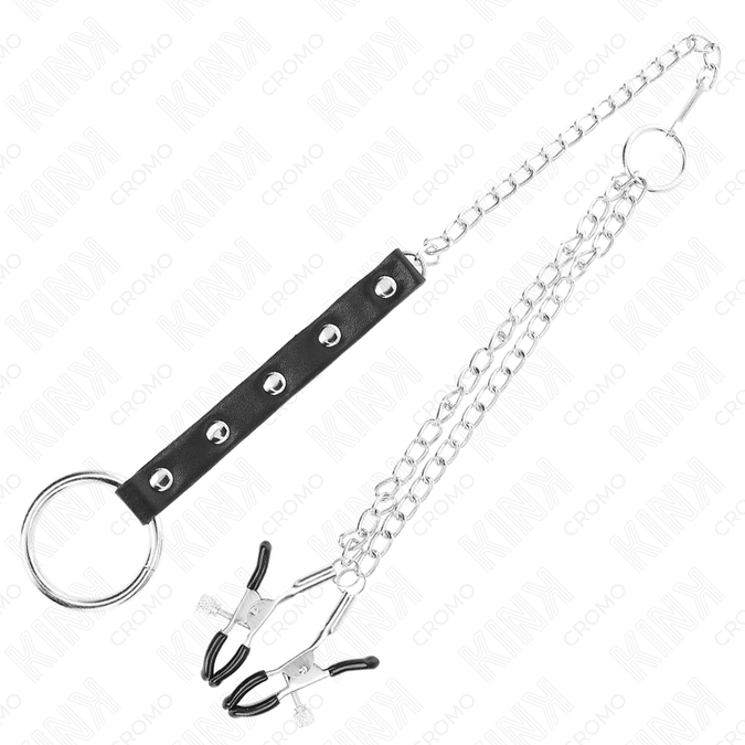 Kink – Metall-Penisring mit Kette und verstellbaren Brustwarzenklemmen