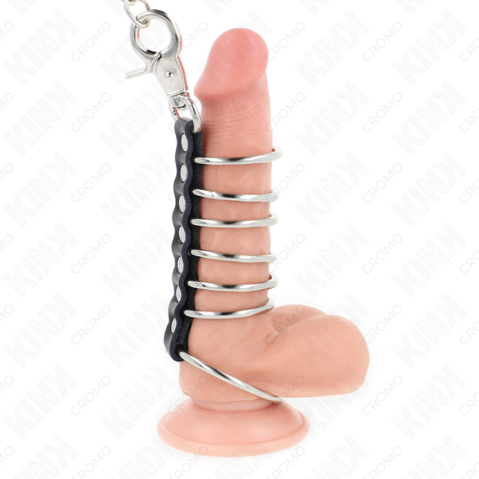 Kink – 7 Metal Penis Rings 3.8 Cm To 5 Cm Connected With Leather And Metal Chain 100 Cm