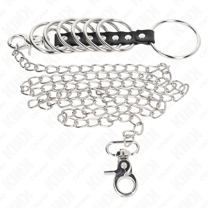 Kink – 7 Metal Penis Rings 3.8 Cm To 5 Cm Connected With Leather And Metal Chain 100 Cm