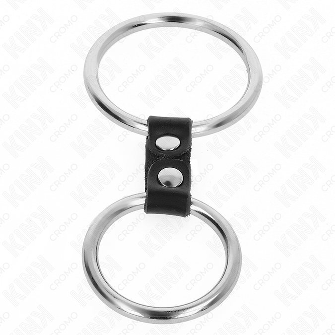 Kink – Doppelter Metall-Penisring 3,7 cm bis 5 cm verbunden mit Lederriemen Modell 2