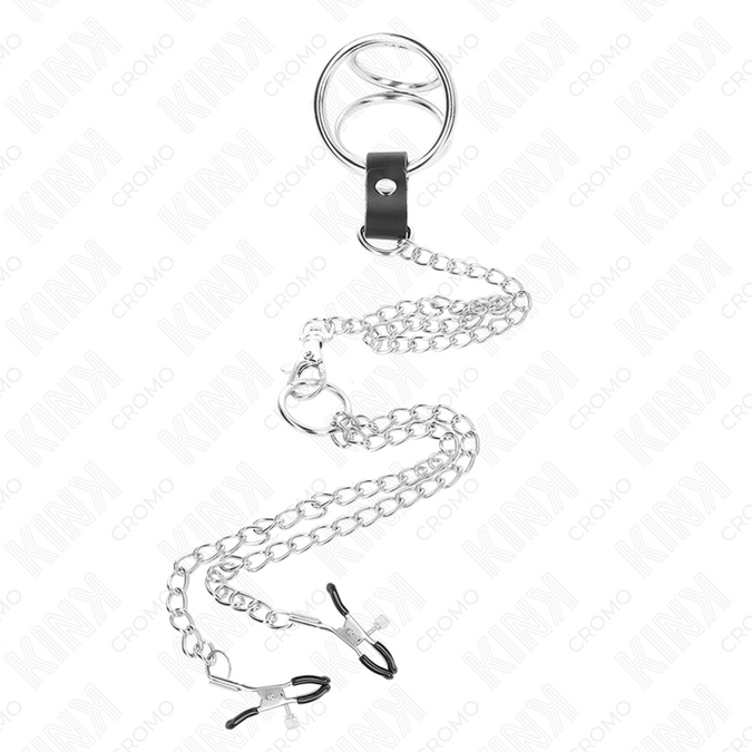 Kink – Dreifacher Chrom-Metall-Penisring 3 cm bis 4,5 cm mit 26 cm Metallkette und Nippelklemmen