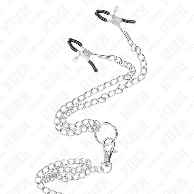 Kink – Dreifacher Chrom-Metall-Penisring 3 cm bis 4,5 cm mit 26 cm Metallkette und Nippelklemmen