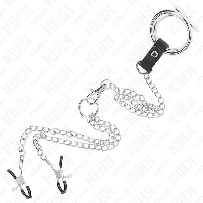 Kink – Dreifacher Chrom-Metall-Penisring 3 cm bis 4,5 cm mit 26 cm Metallkette und Nippelklemmen