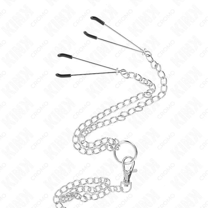 Kink – Dreifacher Chrom Metall Penisring 3,8 Cm bis 5 Cm mit 26 Cm Metallkette und Brustwarzenklemmen Modell 2