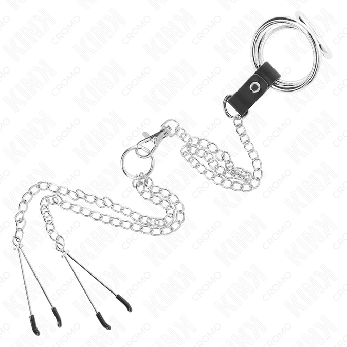 Kink – Dreifacher Chrom Metall Penisring 3,8 Cm bis 5 Cm mit 26 Cm Metallkette und Brustwarzenklemmen Modell 2