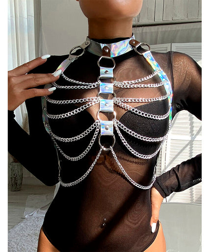 Subblime – 953737 Chest Harness With Rings And Chains Silver One Size
