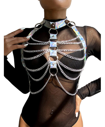 Subblime – 953737 Chest Harness With Rings And Chains Silver One Size