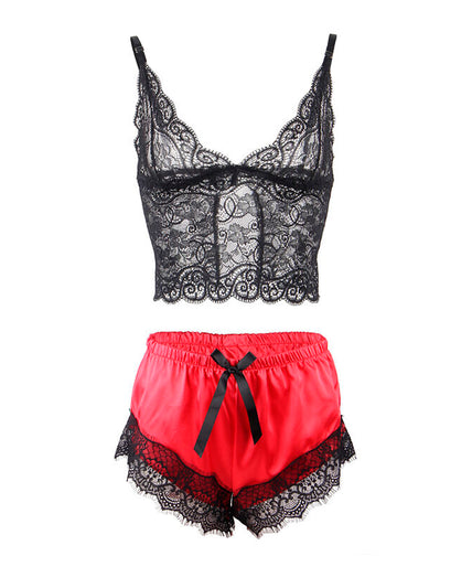 Subblime – 953959 Casual Silk Nightgown + Lace Pants Black/red S/m