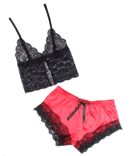 Subblime – 953966 Casual Silk Nightgown + Lace Pants Black/red L/xl