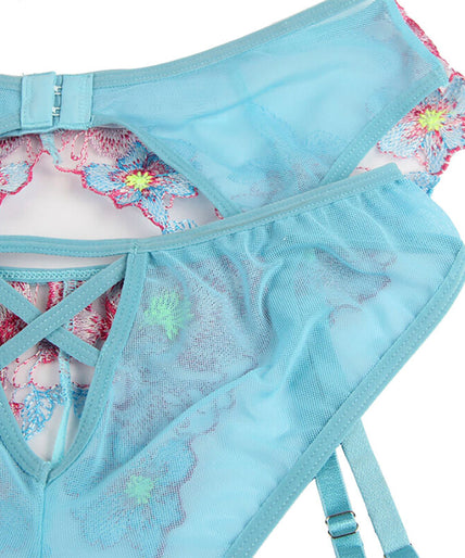 Subblime – 954109 Bra + Panties With Garter Belt Floral Design Blue S/m