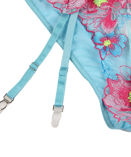Subblime – 954116 Bra + Panties With Garter Belt Floral Design Blue L/xl