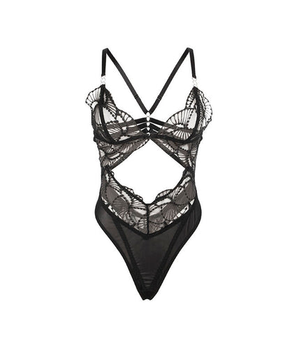 Subblime – 955229 Transparent Bodysuit With Hollow Lace Black L/xl