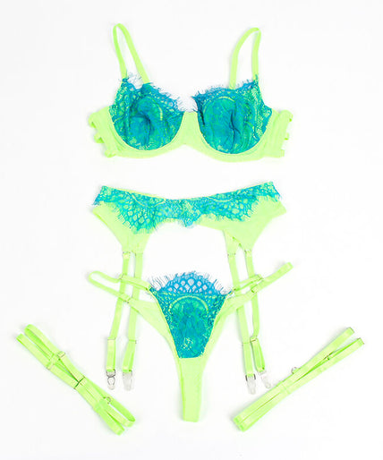 Subblime – 955328 Bra Set With Lace And Garter Lines Green And Blue L/xl