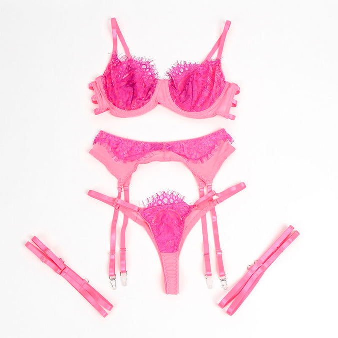 Subblime – 955359 Set beha met kant en jarretels roze en paars S/m