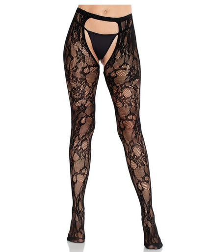 Leg Avenue – Rosen-Spitzenstrümpfe mit offenem Rücken Schwarz