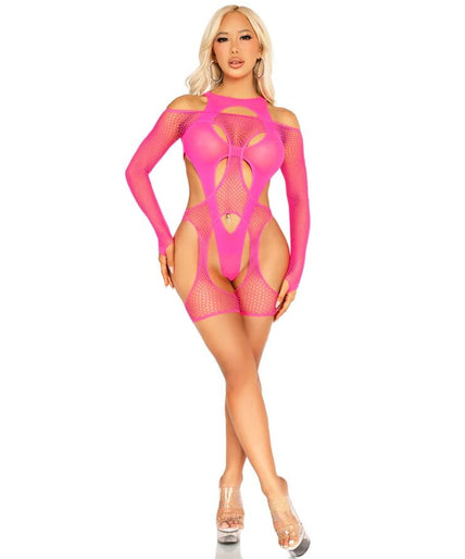 Leg Avenue – Netz-Bodystocking mit Strumpfhaltergürtel und Harness Neonpink