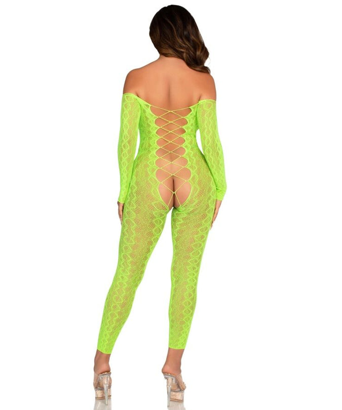 Leg Avenue – Open kruis bodystocking met exotisch slangenkant in neon groen