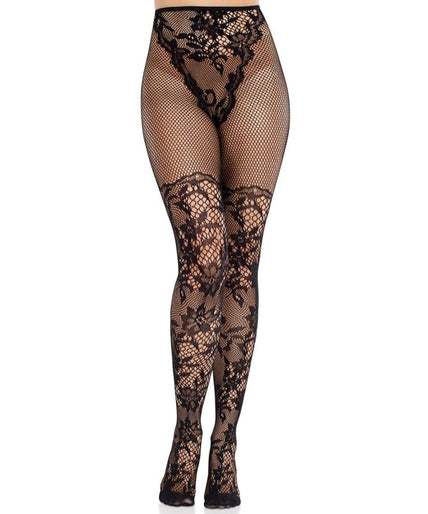 Leg Avenue – Dahlia Spitzenstrümpfe mit Netzdetail Schwarz
