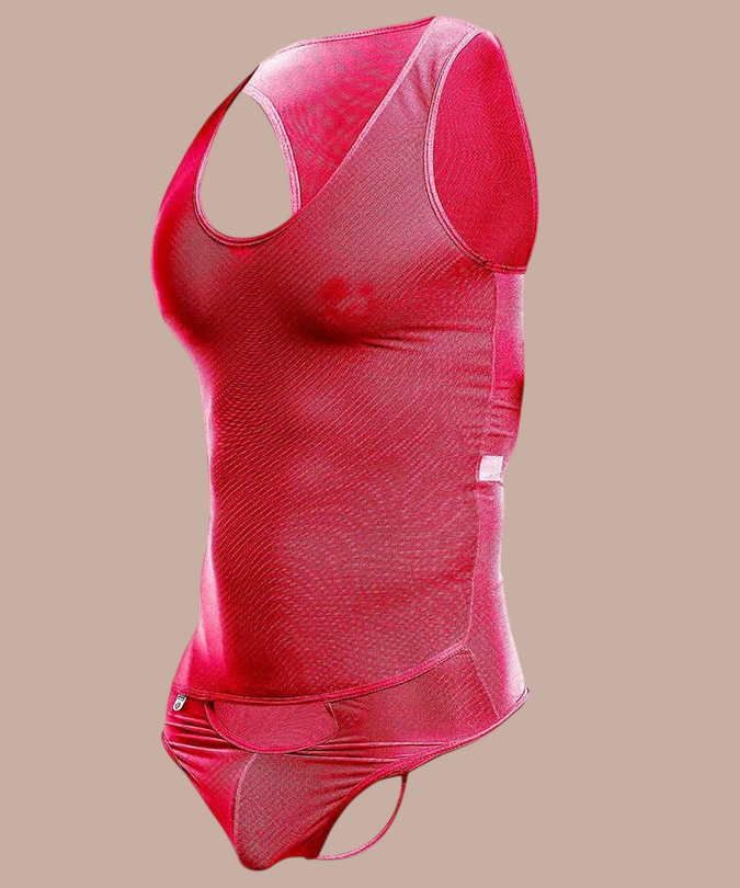Pleasurements MOB rode transparante bodysuit met mouwloos ontwerp voor een sensuele en gedurfde uitstraling.
