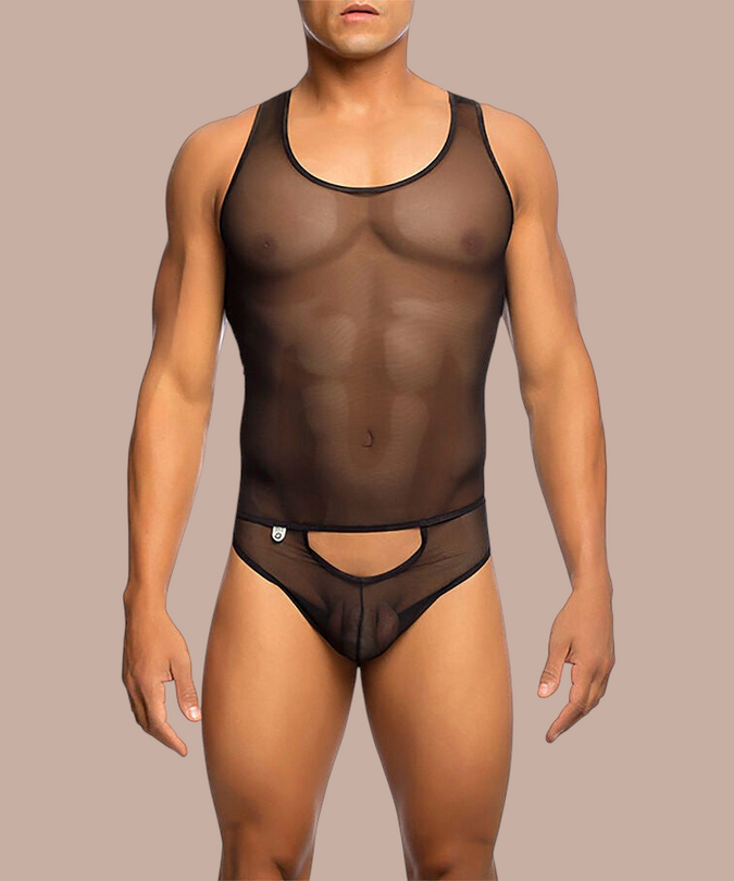 Pleasurements MOB transparante zwarte bodysuit voor heren met een mouwloos ontwerp en uitgesneden detail.