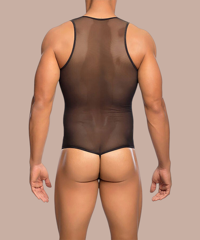 Pleasurements MOB transparante zwarte bodysuit voor heren met een nauwsluitende pasvorm en string-achterkant.