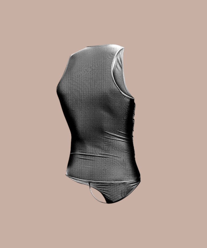 Pleasurements MOB transparante zwarte bodysuit van doorschijnende stof met mouwloos ontwerp voor heren