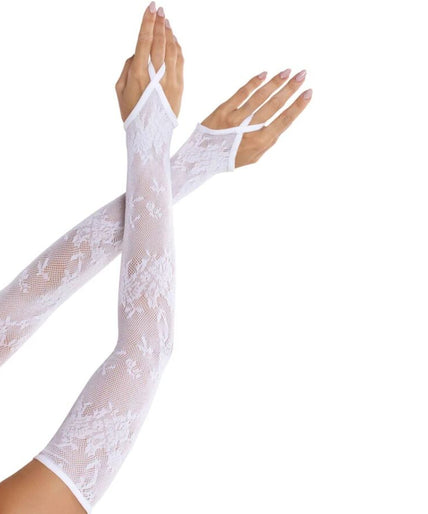 Leg Avenue – Extra lange florale Spitzen-Armstulpen Weiß
