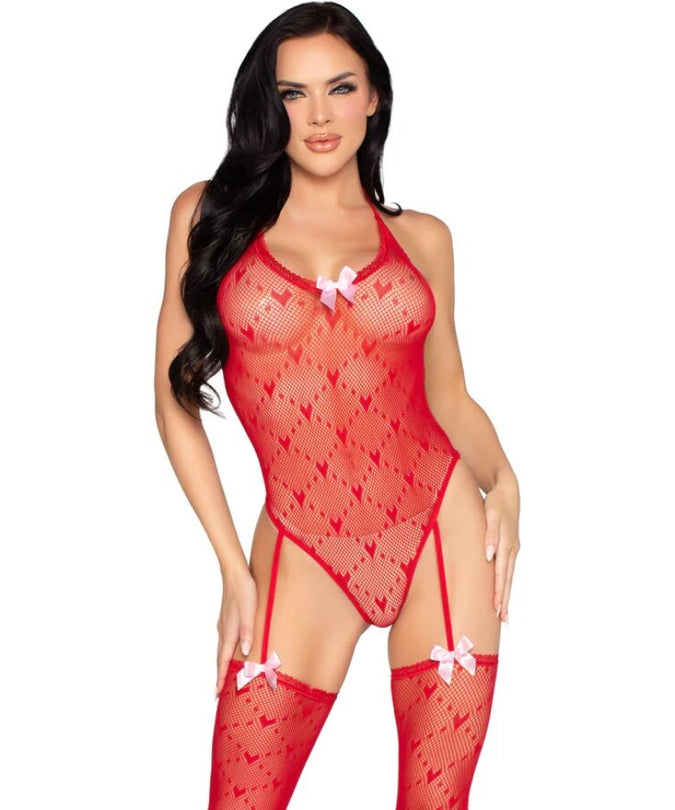 Leg Avenue – 89360 Body mit offenem Rücken und Strapsgürtel Rot – Einheitsgröße