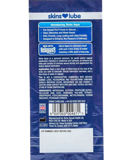 Skins – Aqua Water – Based Lubricant Single – Dose 5 Ml