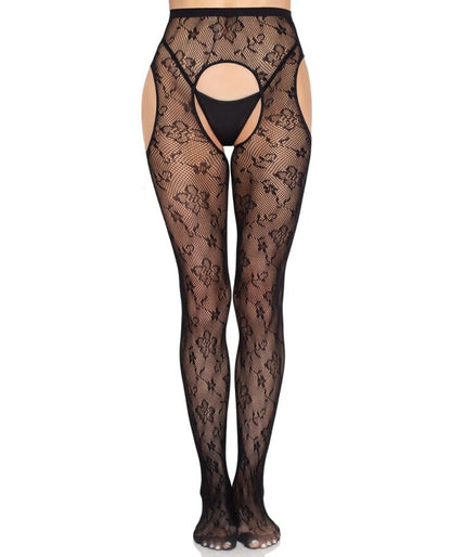 Leg Avenue – 1967 Bloom Netz-Strumpfhose mit Strapsen Schwarz – Einheitsgröße