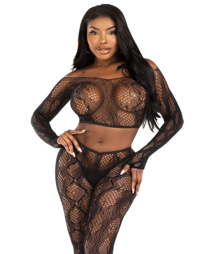 Leg Avenue – 89373 Python-Crop-Top & fußlose Strumpfhose Schwarz – Einheitsgröße