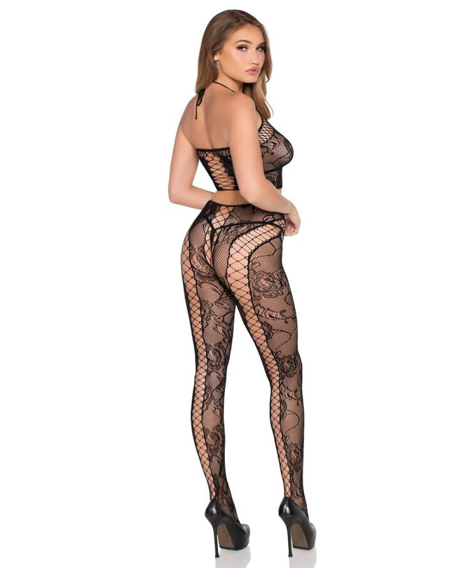 Leg Avenue – 89368 Netz- & Spitzen-Crop-Top und Strumpfhose Schwarz – Einheitsgröße