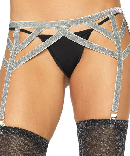 Leg Avenue – Silver Lurex Elastic Garter Belt One Size