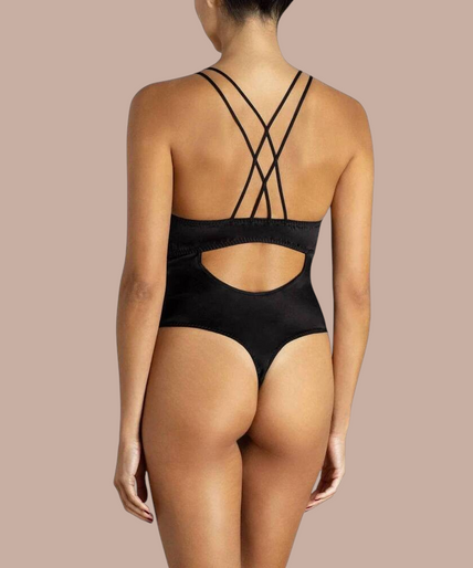 Pleasurements Coco de Mer zwarte zijden Sylph bodysuit met sweetheart halslijn en gestructureerde bandjes