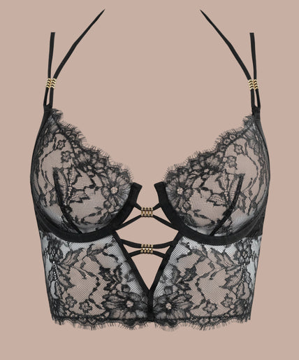 Pleasurements Atelier Amour Sans Détour zwarte kanten bustier met verfijnde details gedragen door een model